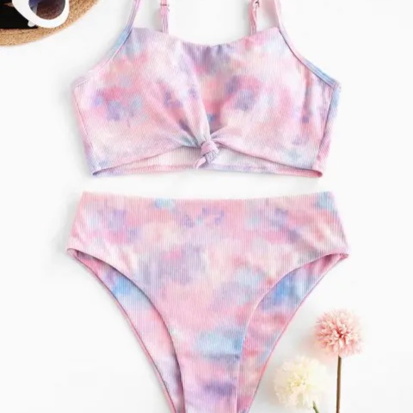 ZAFUL Ribbed Tie Dye Knotted High Waisted Tankini Light Pink L NEVER WORN - Picture 2 of 7